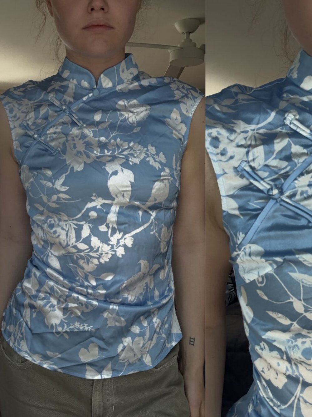 Zara Blue and White High Neck Floral Satin Tank Top